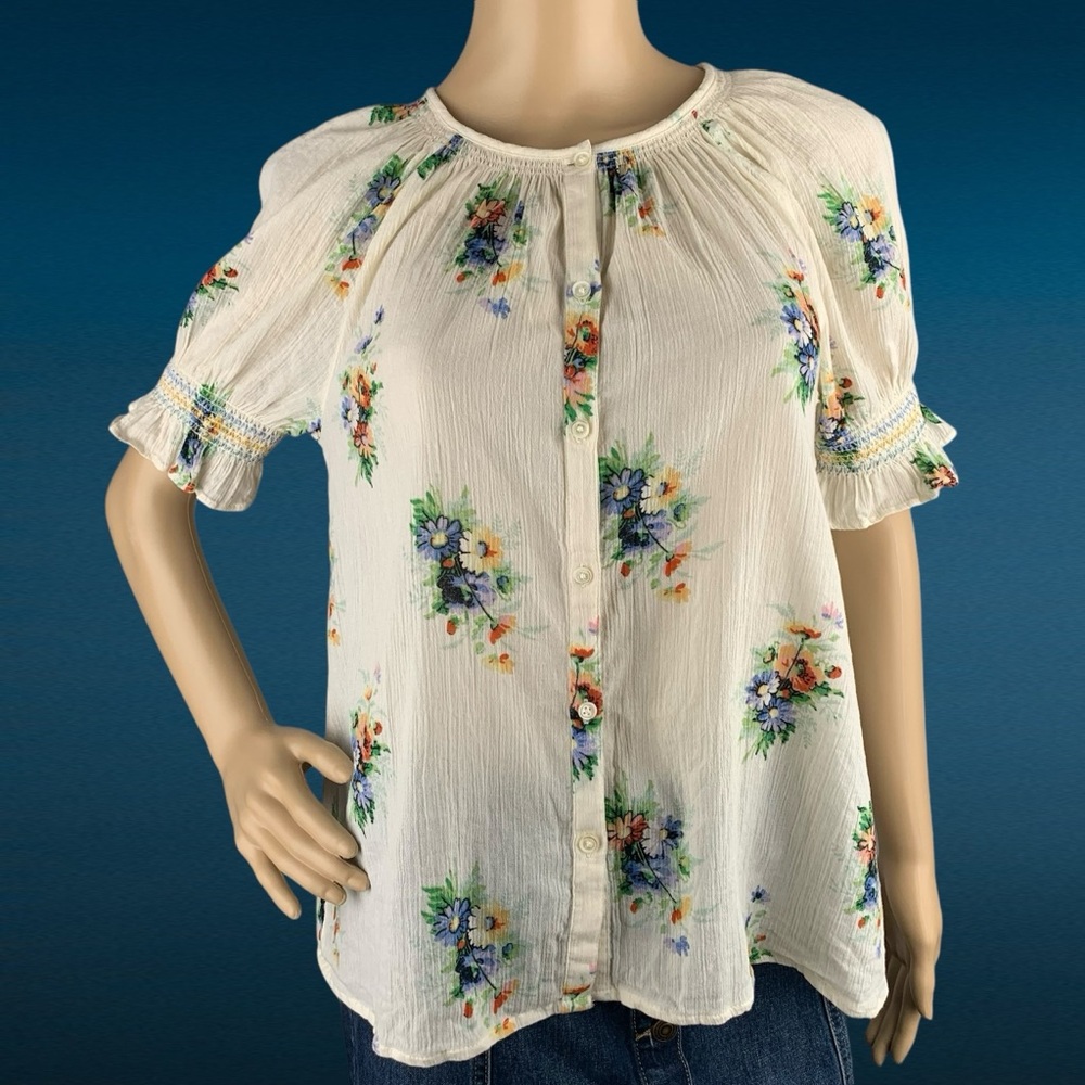 Madewell Cream Floral Smocked Button Front Short Sleeve Top Blouse Size XS
